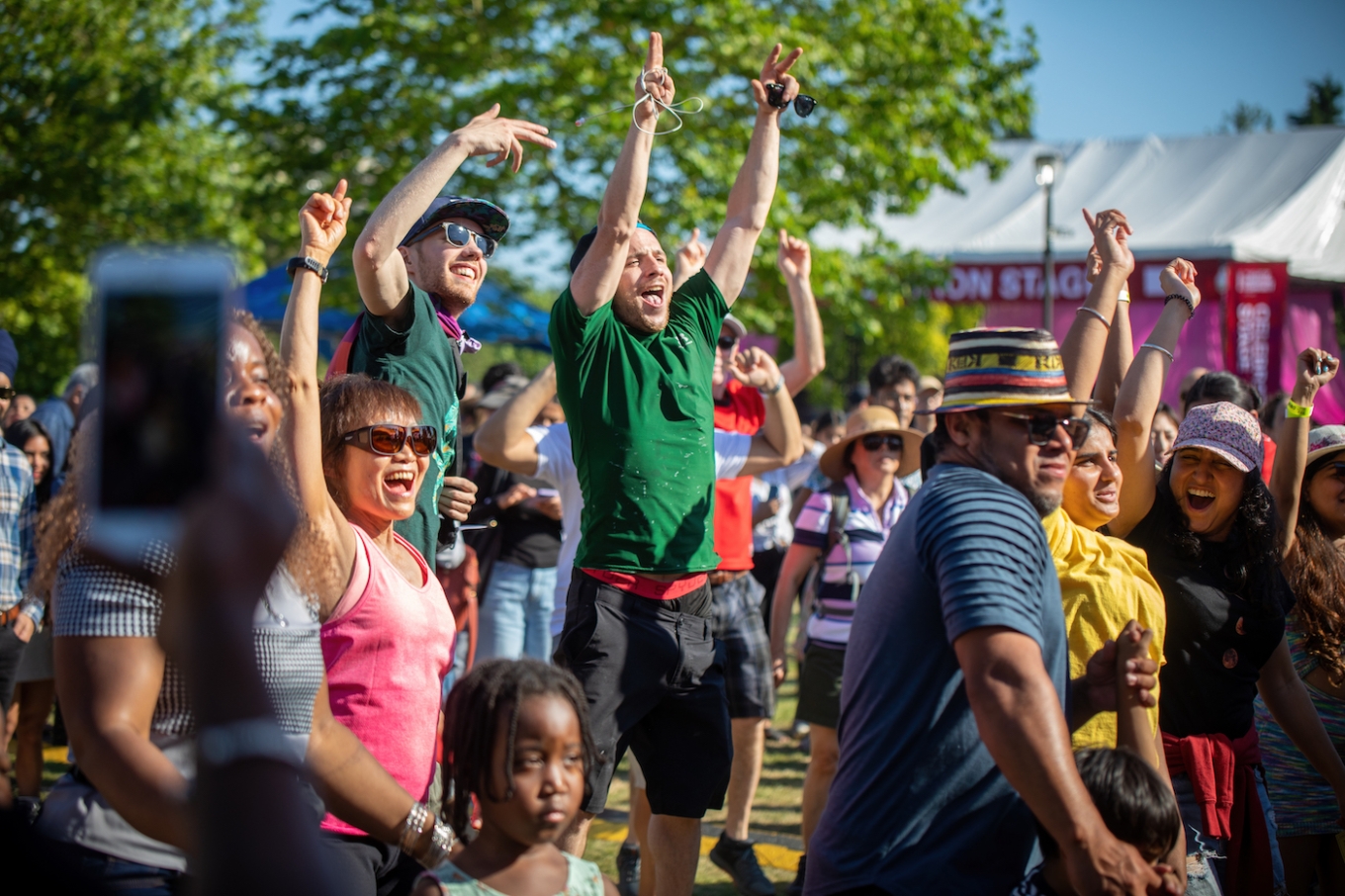 Enthusiastic audience dancing with their arms in the air